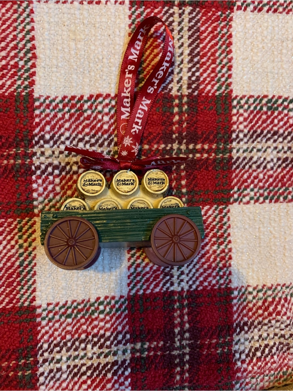 Makers Market Green Wagon Ornament with Red Ribbon and Brown Wheels